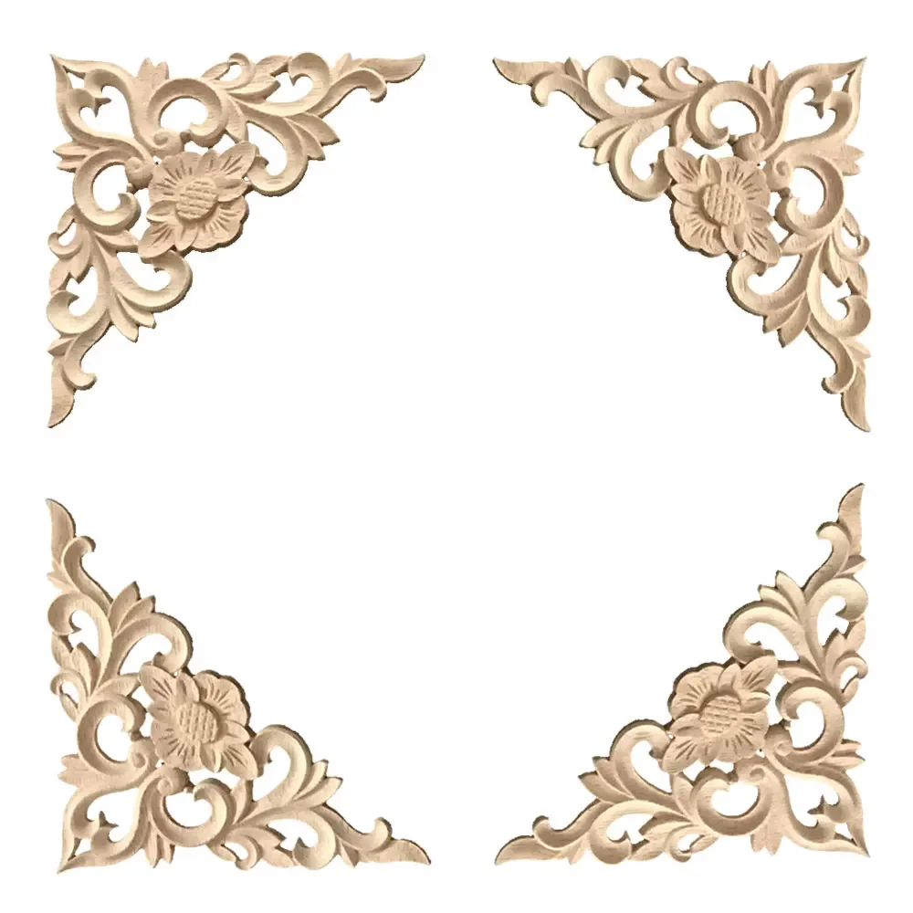 4PCS Wood Applique Wood Mouldings Wood Decal Onlay Antique Unpainted Wooden Furniture Decoration Accessories Doors Corner