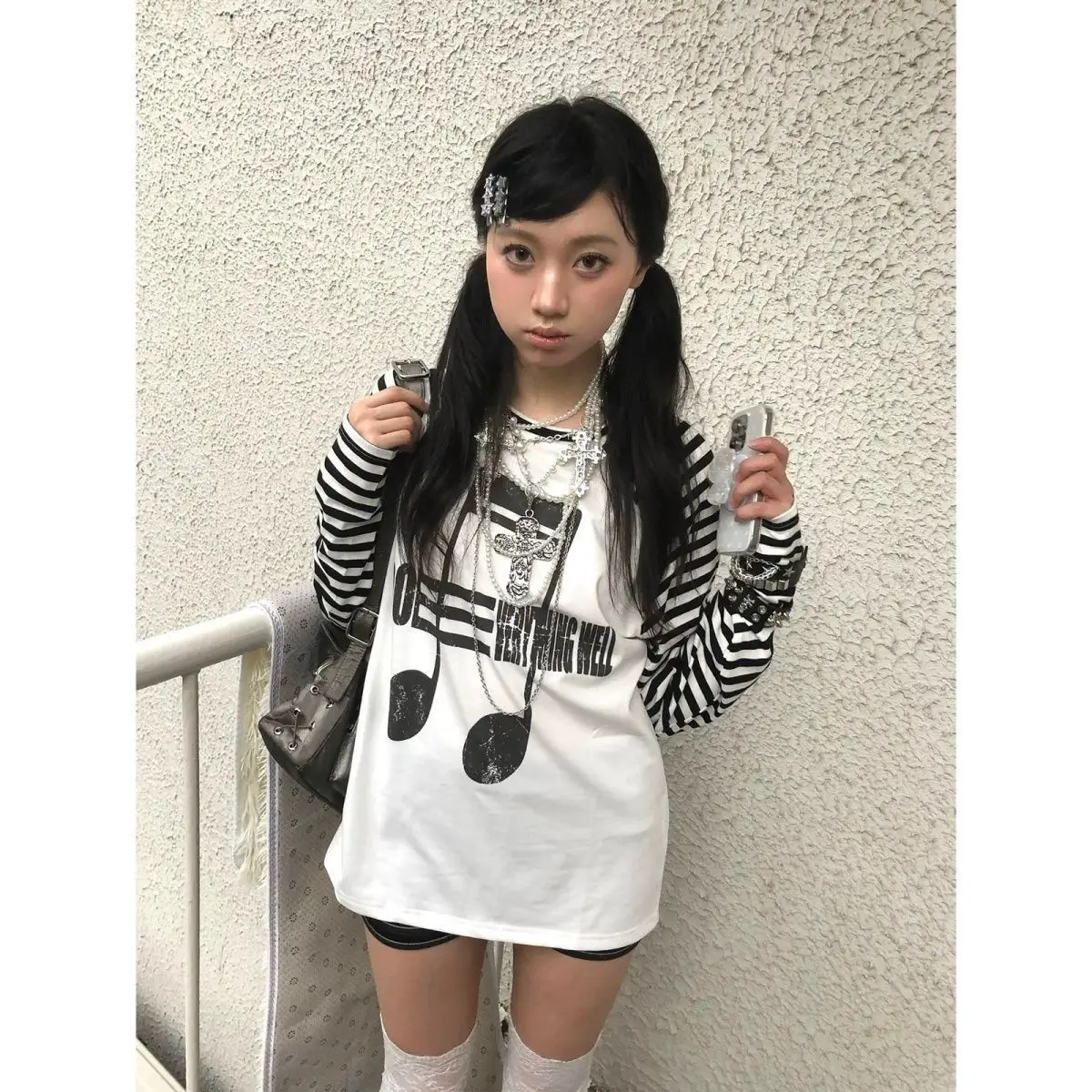 Japanese Subculture Striped Note Print Raglan Long-sleeved T-shirt Women Spring New All Match Undershirt Casual Graphic T Shirts