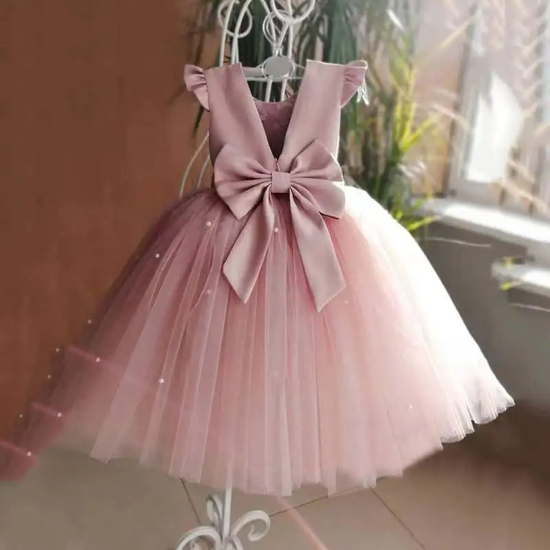 2025 Peach Pink Flower Girl Dresses Of Wedding Beading Backless Girl Birthday Party Evening Dress Tulle Princess Ball Gown 1-12Y