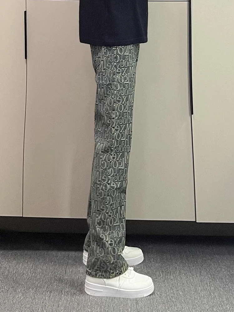 

Light Blue Paris Print Floral Straight Leg Men's Jeans High Street American Sle Spring Faion Taller Micro Flared Knife Pants