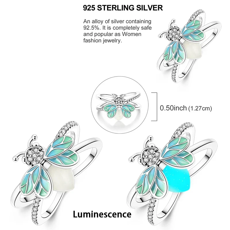 925 Sterling Silver Rotating Windmill Cherry Blossom Ring Can Glow Change Color Firefly Chameleon Ring for Women Wedding Jewelry