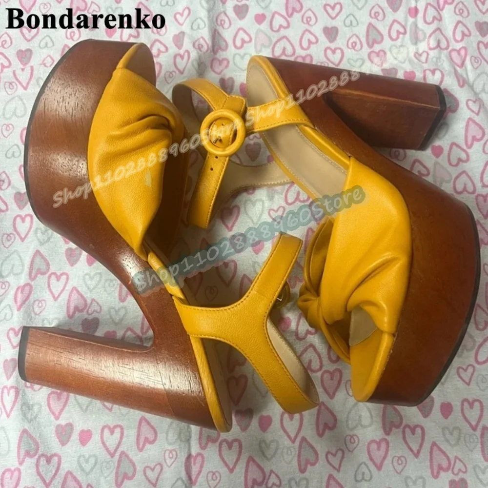

Stylish Yellow Leather Shallow Sandals Chunky High Heel Women Shoes Ankle Buckle Strap Peep Toe 2026 Fashion Zapatos Para Mujer