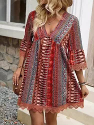 Vintage Print Dress Women Fashion Boho Sexy V Neck Long Sleeve Loose Dresses For Women Summer Holiday Vestidos Women Clothes New