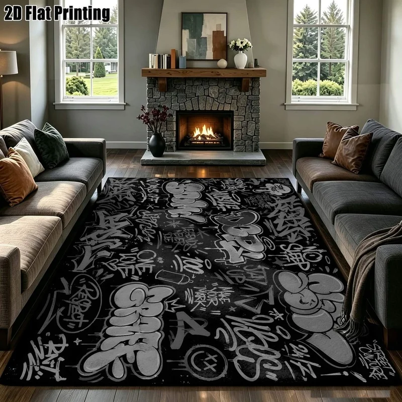 1Pc American Retro Street Graffiti Printed Carpet, Bohemian Style Decorative Carpet, Suitable for Living Room, Bedroom, Dining Room, Bedside, Indoor and Outdoor Patio, Home Decorative Accessories