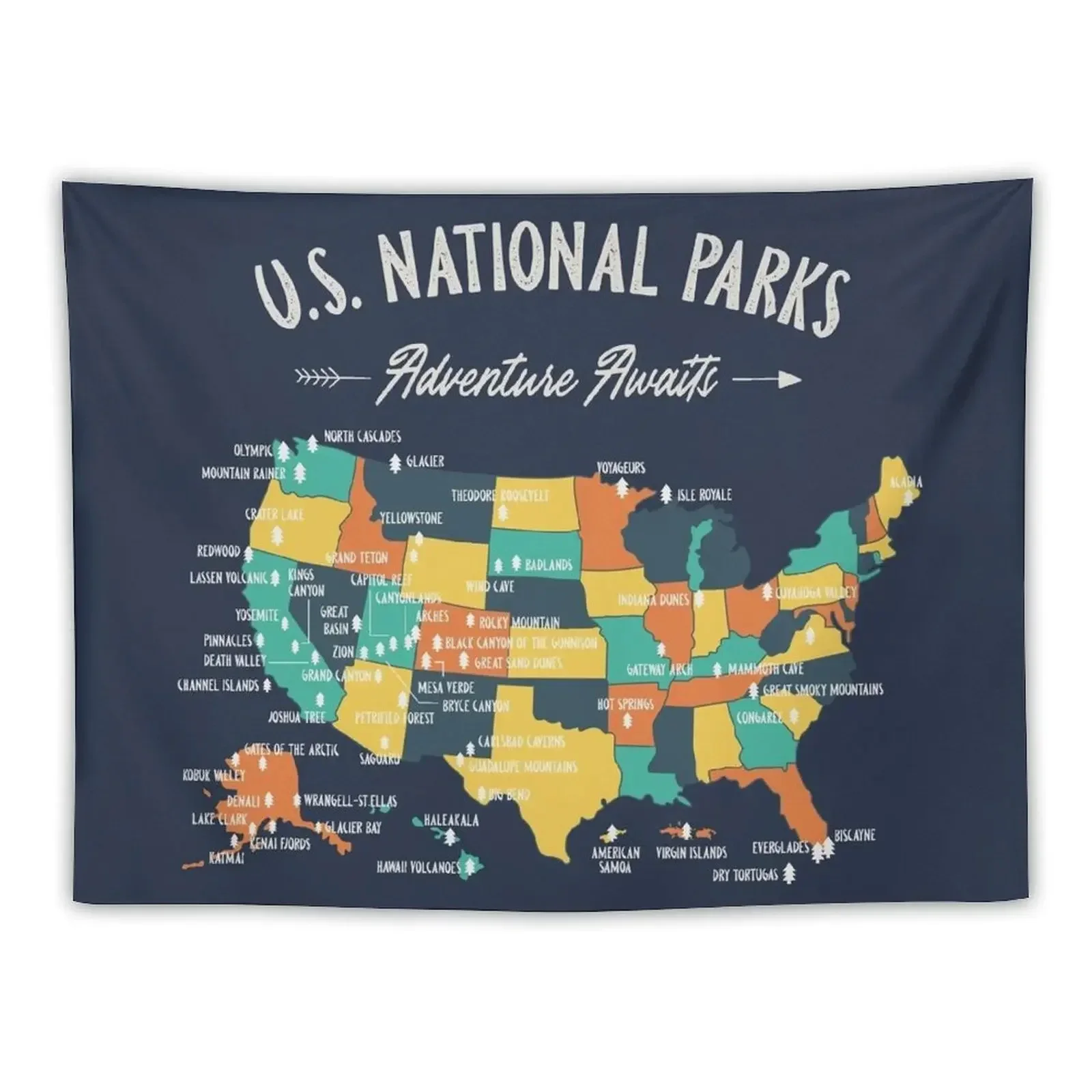 U.S National Parks Map - Adventure Awaits Tapestry Wall Decoration Tapestry