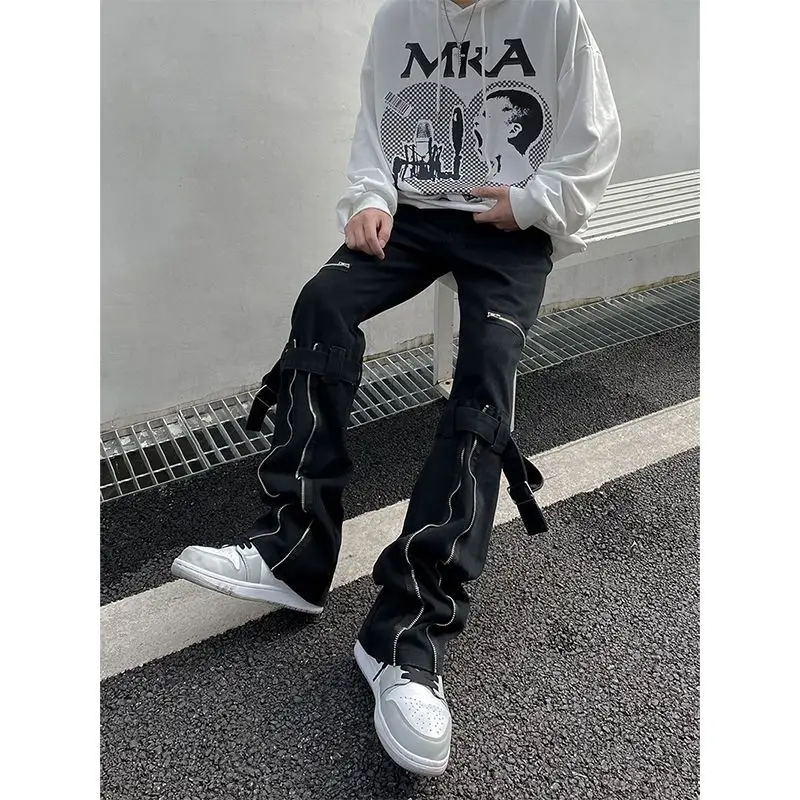 High street men black jeans American street zipper design straight tube micro flared work clothes couple pants streetwear men