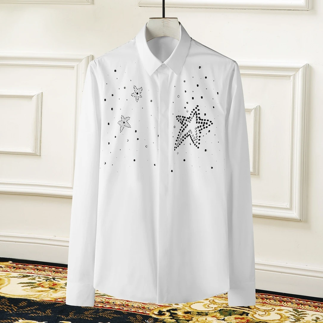 

Brand Star Diamond Men's Shirt Fashion Cotton Long Sleeve Casual Shirts Slim Social Banquet Celebrity Stage Performance Shirts