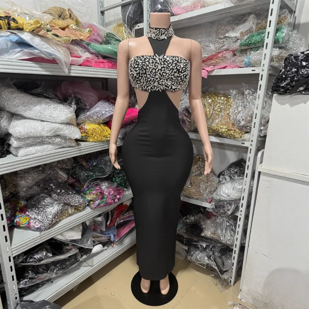 

Women Sexy Backless Hollow-Out Sparkly Crystal Diamonds Sleeveless Bodycon Long Bandage Dress Elegant Evening Party Club Dress