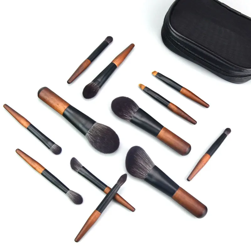 12 PCS Makeup Brushes Set Wood Animal Hair Cosmetic tool Bag Eyeshadow Foundation Blush Beauty Soft Professional Complete kit