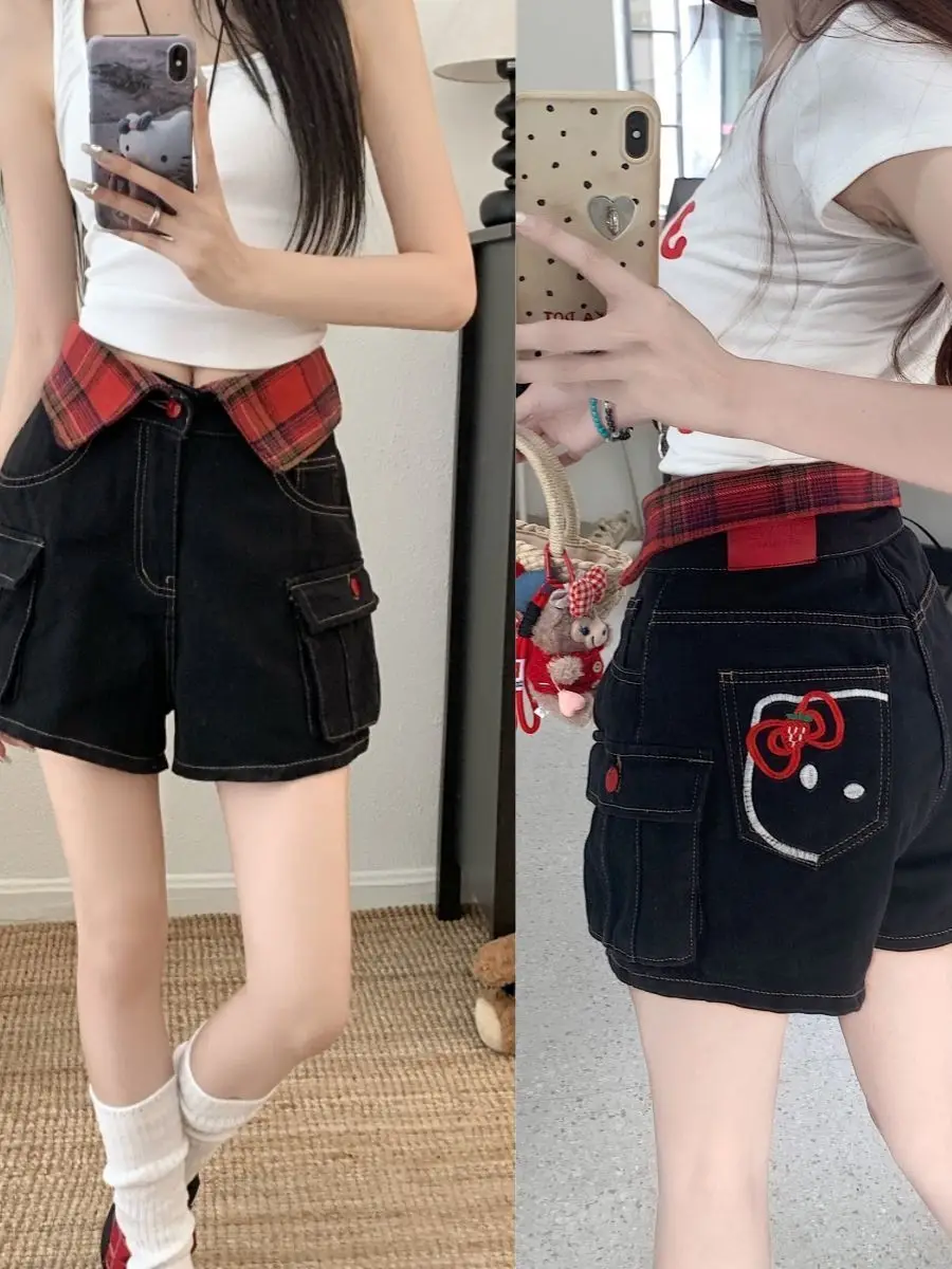 

Американские джинсовые шорты с вышивкой, женские, летние, новые, универсальные, маленького размера, А-силуэт, повседневные, с высокой талией