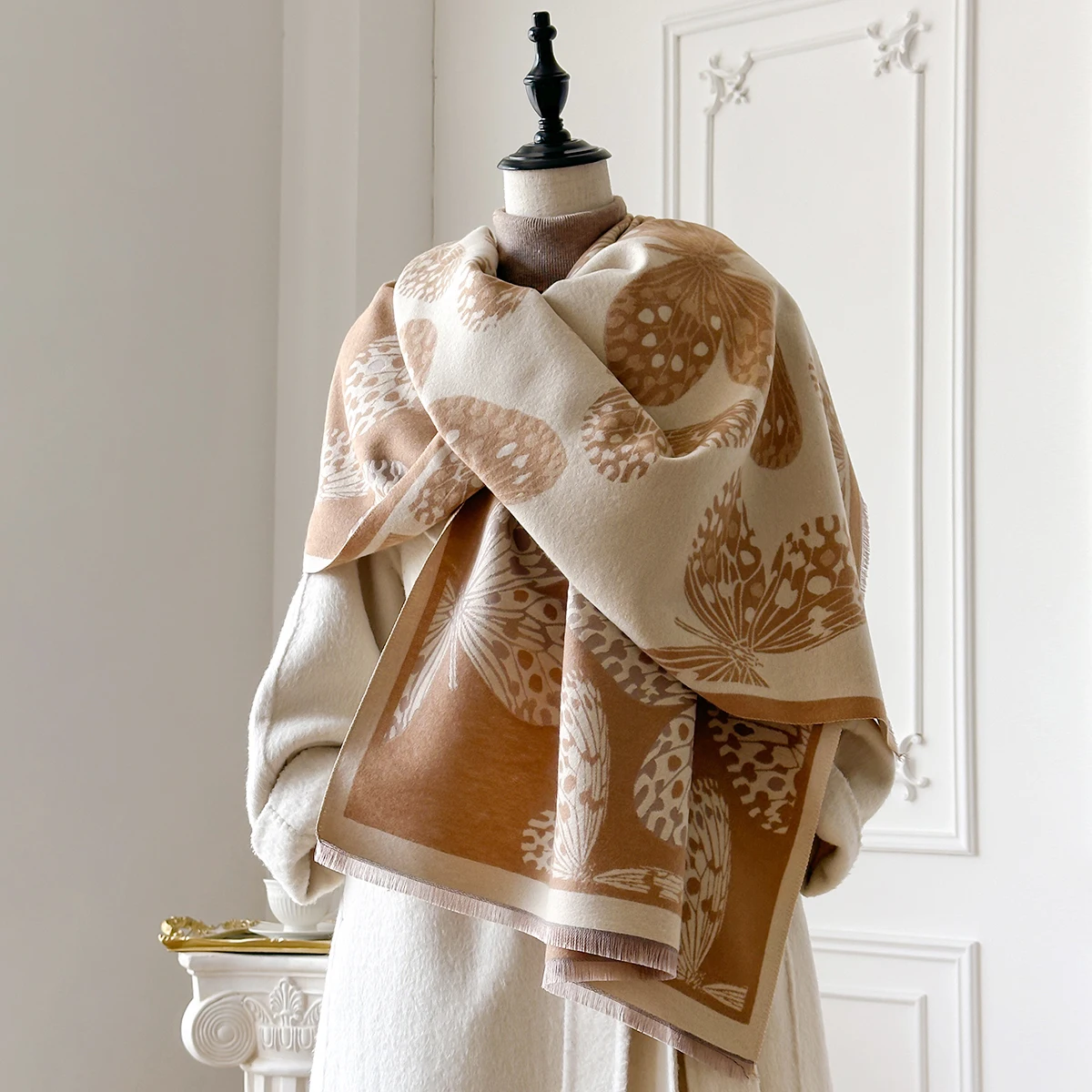 여성용 럭셔리 겨울 캐시미어 파시미나 스카프 나비 프린트 두꺼운 따뜻한 숄 포근한 풀라드 블랭킷 랩