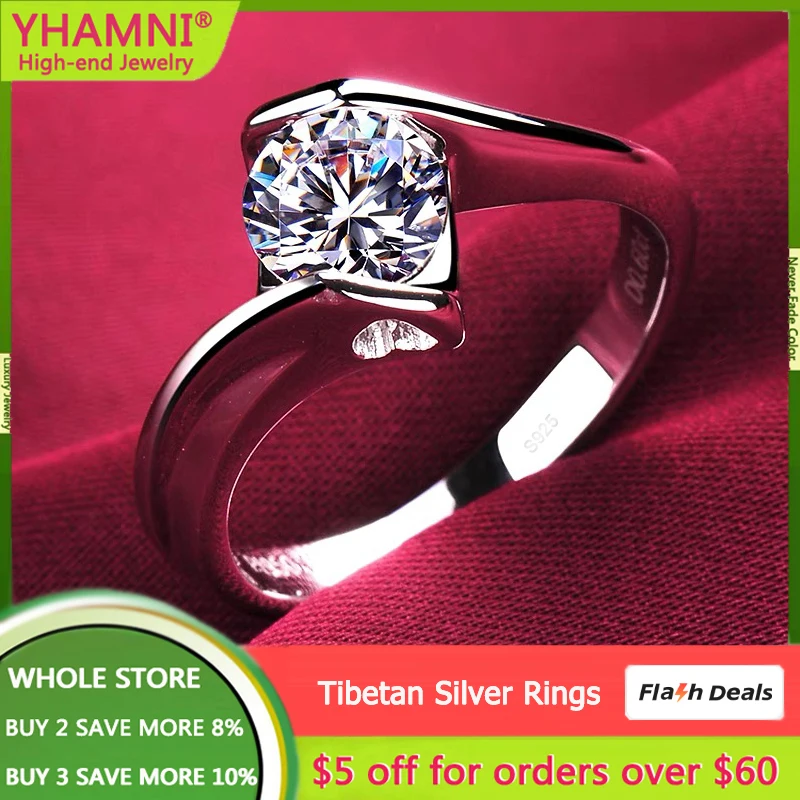 

Never Fade Real Certified Tibetan Silver Rings for Women Luxury Solitaire Zircon CZ Ring Matching Engagement Wedding Band Gift