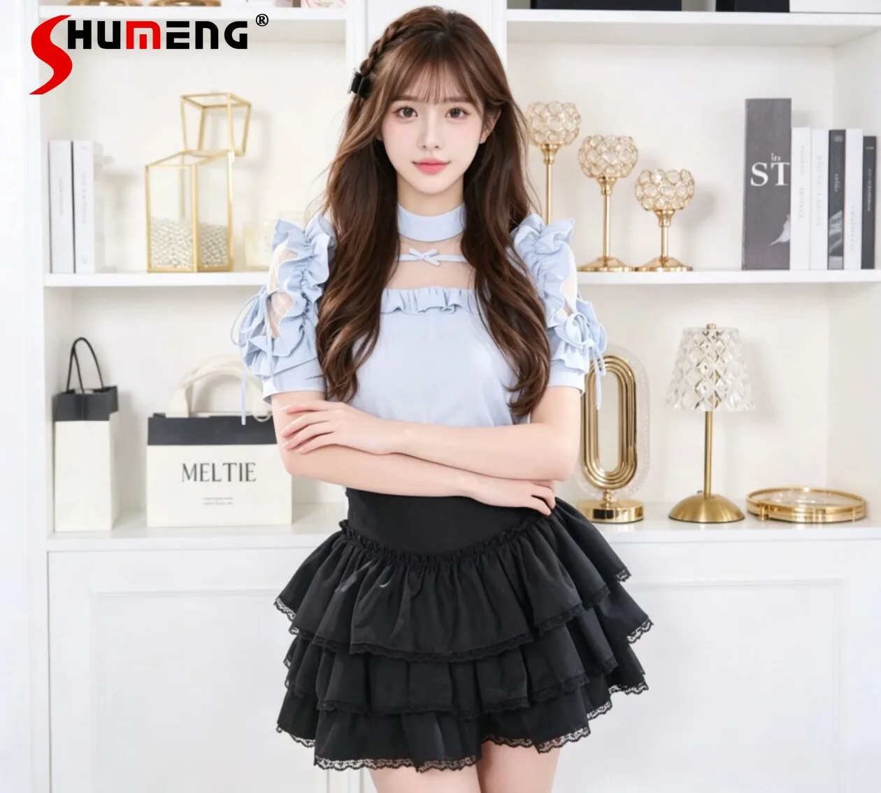 

Japanese Sweet Soft Girl Lace Ruffled Spliced Off-shoulder Short-sleeved Lace-up Bow Versatile T-shirt Top for Women 2026 Summer