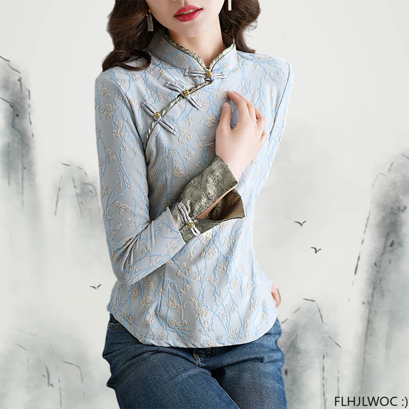 Chinese Style Chi-pao Collar Design Flower Lace Tops New Year 2024 Spring Women Date Girls Elegant Retro Shirt Blouse Vintage