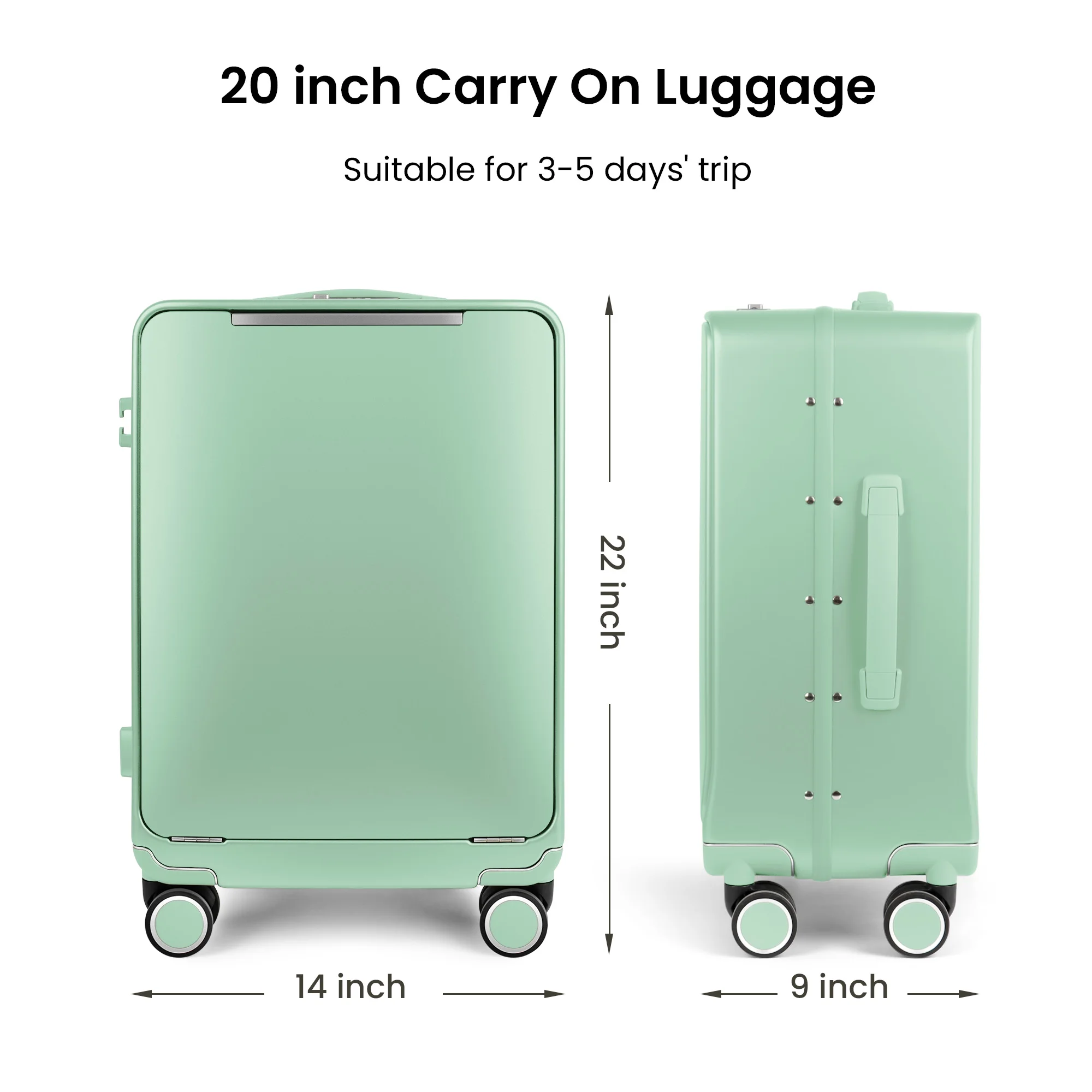 حقيبة سفر بإطار من الألومنيوم بفتحة أمامية وخفيفة الوزن مقاس 20 بوصة مع حامل أكواب وخطافات جانبية