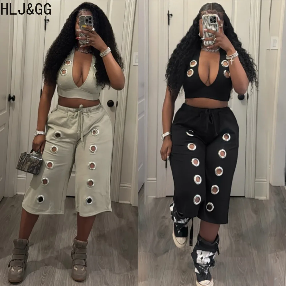 

HLJ&GG Trend Fashion Metal Hollow Bandage Two Piece Sets Women Deep V Backless Slim Crop Top + Wide Leg Pants Outfits Streetwear