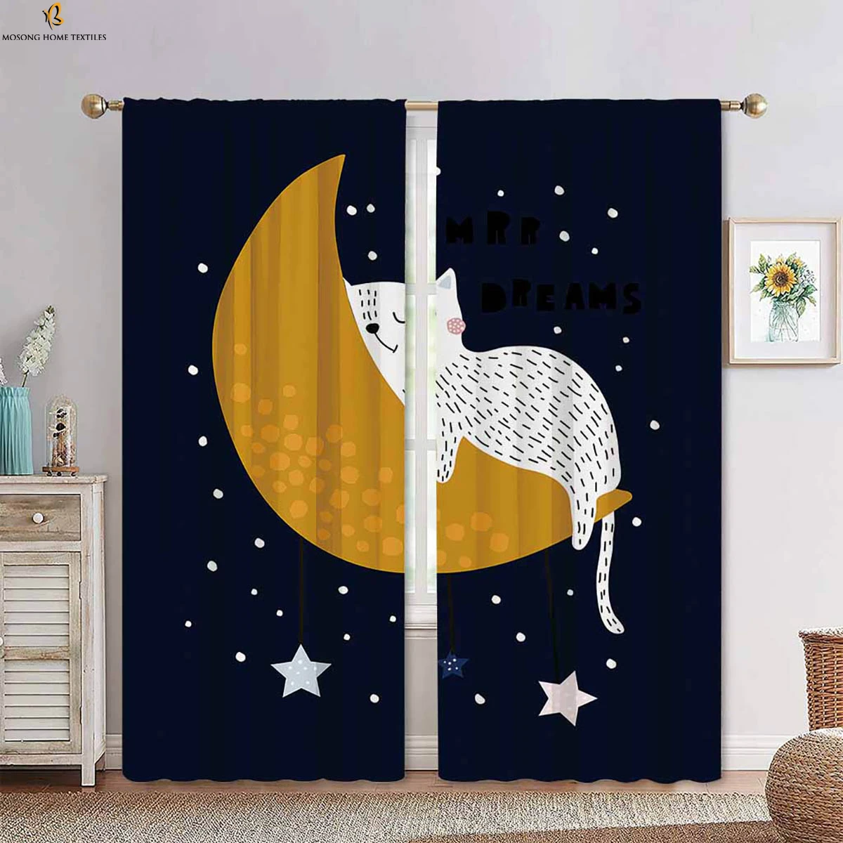 2szt Cartoon Kitten Cute Printed Curtain Rod Pocket Bedroom Living Room Kitchen Decorative Curtain Household Supplies