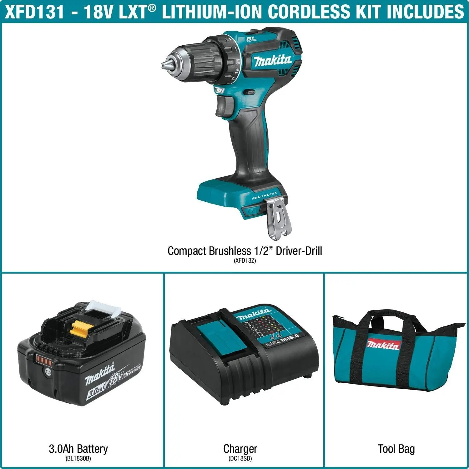 XFD131 Kit de taladro conductor inalámbrico sin escobillas de iones de litio de 18 V LXT de 1/2" (3,0 Ah)