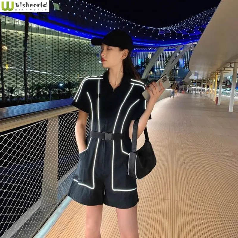 

2022 New Work Clothes Slim at Waist Black Dark Reflective Shorts Summer Korean Fashion Elegant Women's Jumpsuit