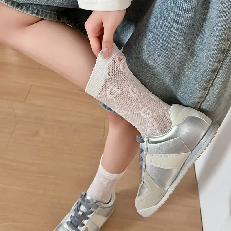 Trendy Women's Mid length Socks Double Needle Thin Spring/Summer Breathable Short Socks Korean Edition Base Long Socks