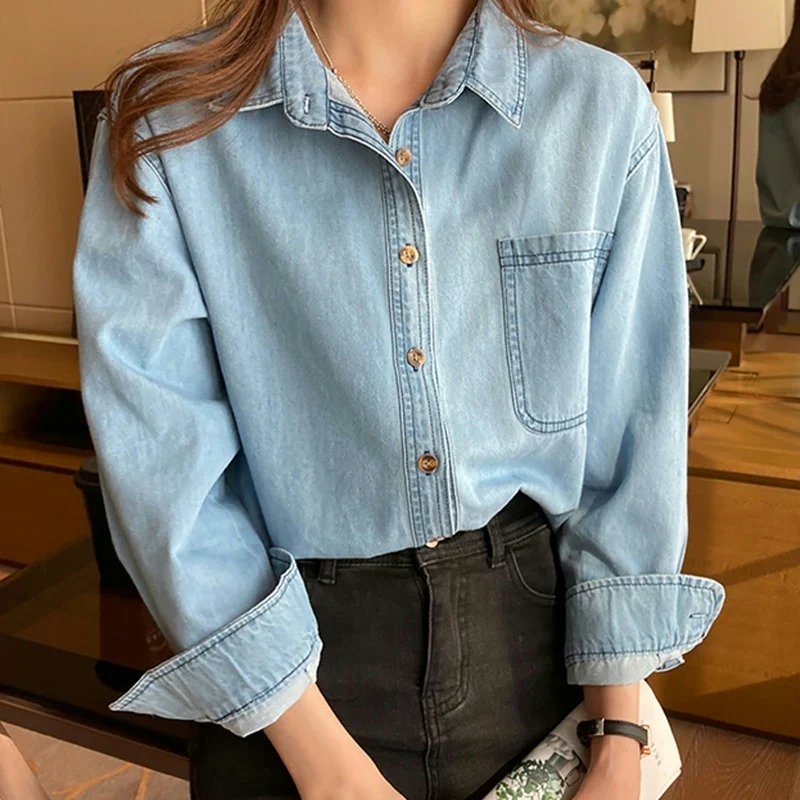 Vintage Denim Blouses For Women Spring Autumn Long Sleeved Lapel Solid Shirts Classic Simple Casual Jean Tops