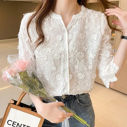 Blusa de encaje de manga corta de algodón para mujer, Tops de verano, bordado floral, camisa blanca, blusas casuales de moda, 9638