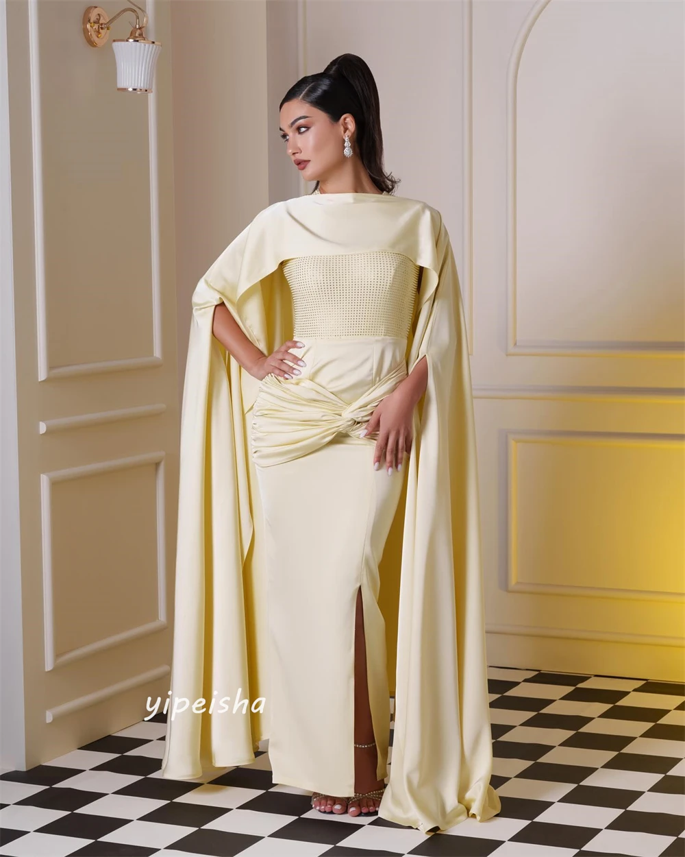 Prom Dress Saudi Arabia   Satin Pleat Wedding Party A-line High Collar Bespoke Occasion  Ankle Length