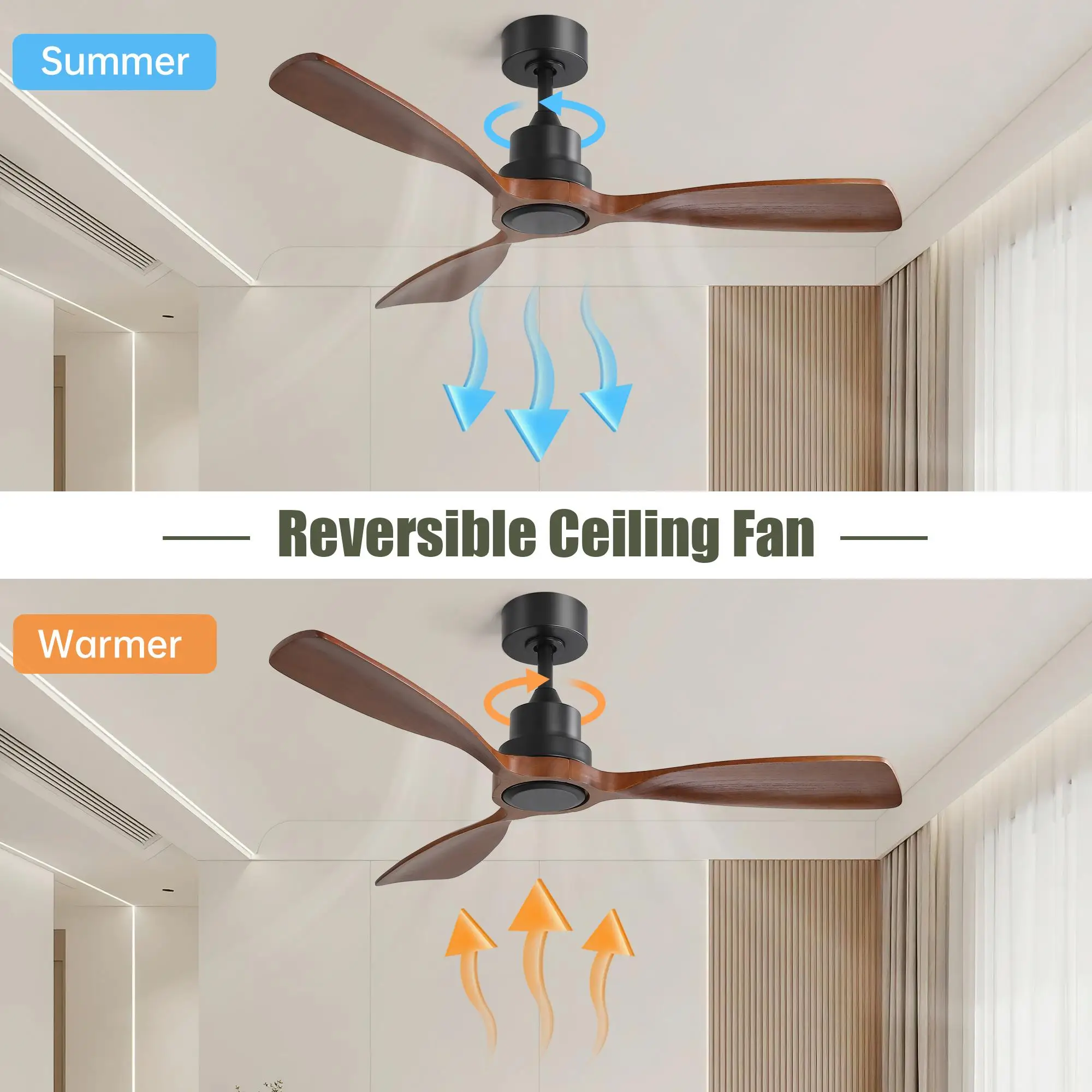 48 Inch Ceiling Fan - 3 Wood Blades, 6 Reversible DC Motor, Outdoor & Indoor Use for living Room