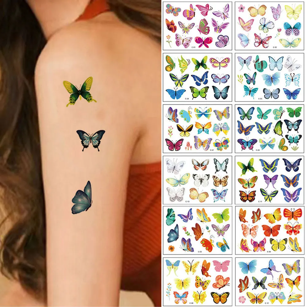 

12 шт. одноразовые временные татуировки с бабочками, монстр, русалка, акула, рыба, узор, поддельные татуировки для декора рук и тела