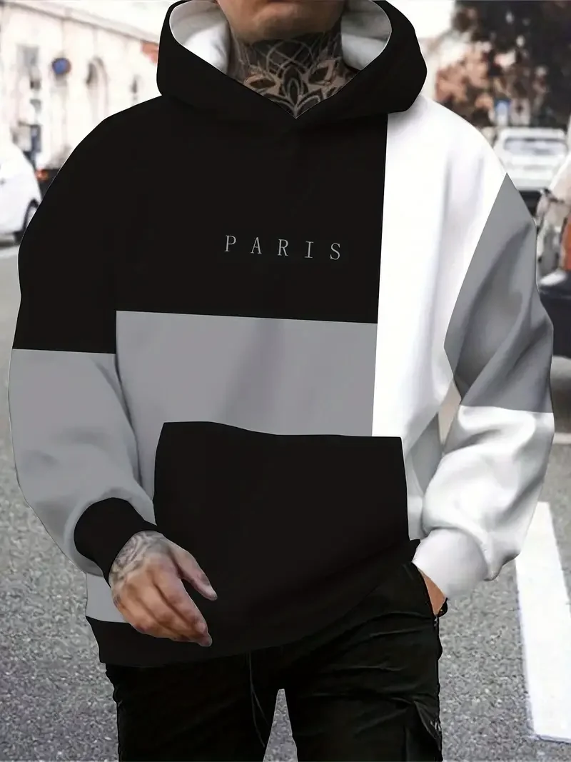 Men's Hoodie Color Block Paris Print Sweatshirts Harajuku Hooded Shirt Y2k Pullover Casual Clothes Streetwear Top Men's Clothing