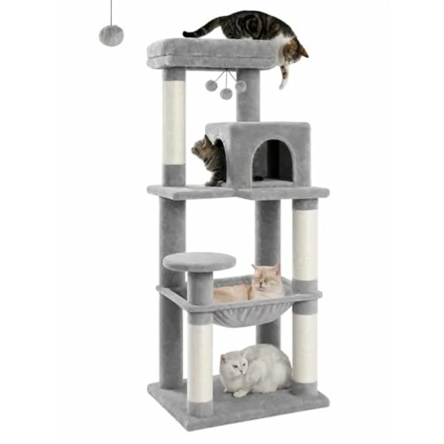 

Cat Tree for Large Cats Adult: Metal Frame Plush Gray Finish 56.3 6-Tier Tower with Hammock 2-Door Condo Scratching Posts Large