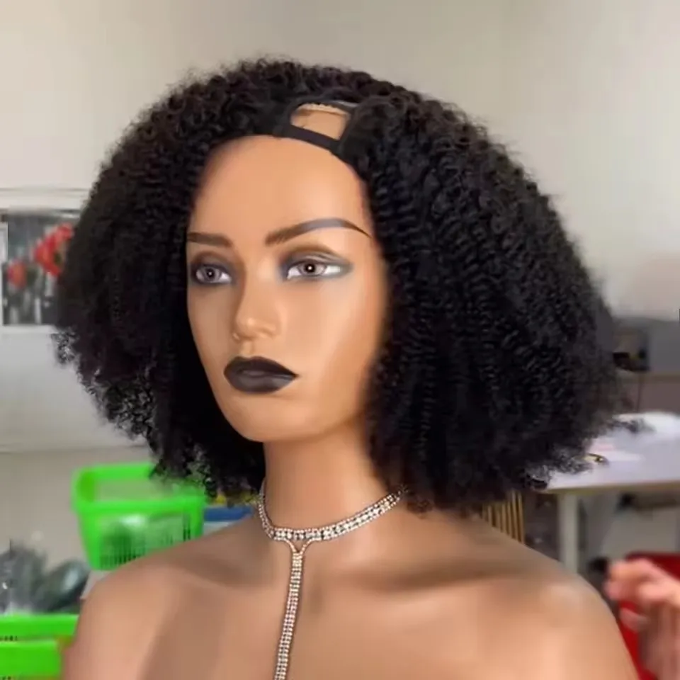 

Афро-черный женский кудрявый вьющийся парик из 100% человеческих волос, бесклеевой U-образный парик с зажимами/гребками, регулируемые натуральные волнистые парики с полной V-образной частью