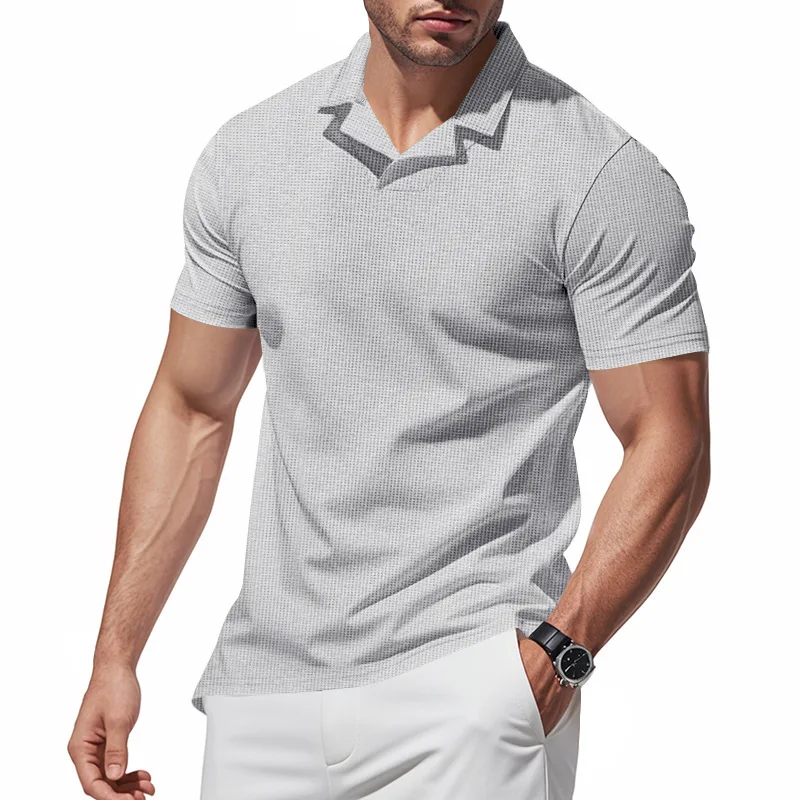 Men's Summer American Polo Shirt Men's Simple Waffle Casual Lapel Short Sleeve Men's T-Shirt