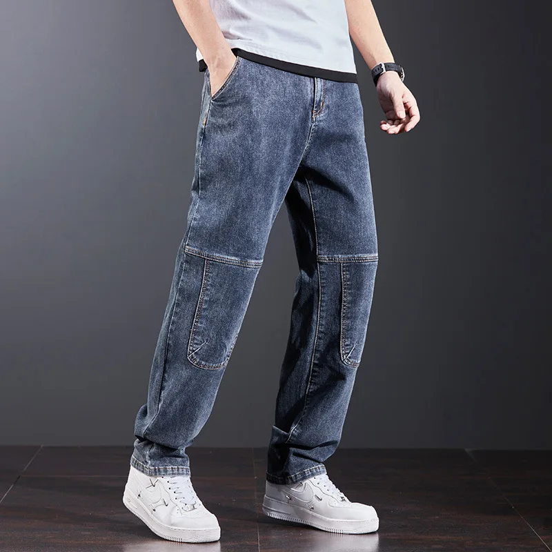 Summer Thin Elastic Jeans Men's Trendy Fashion Stitching Oversized Enlarged Denim Long Pants Trousers Male Clothing Bottoms