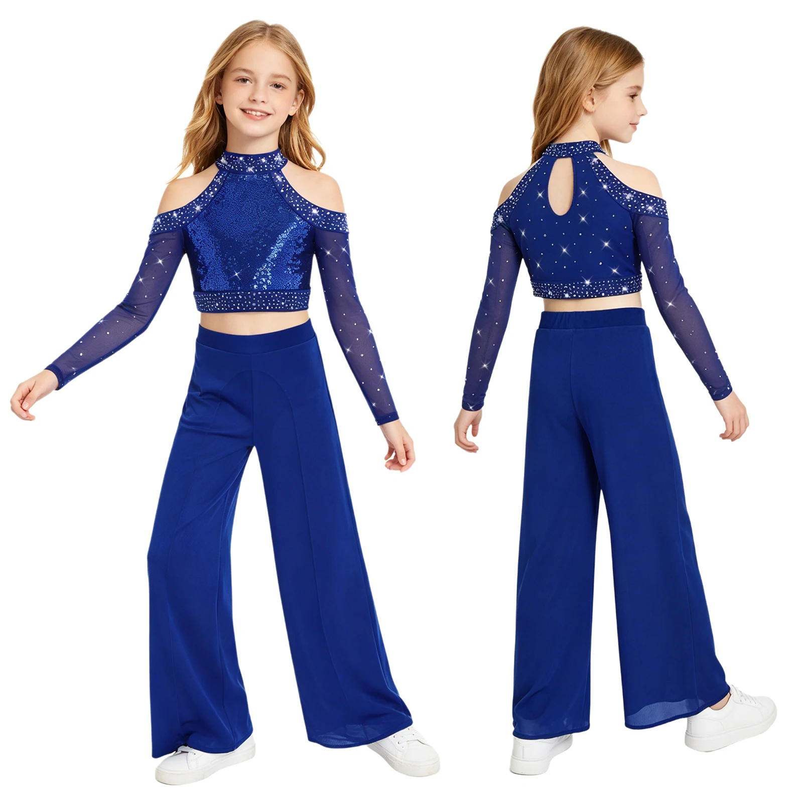 Children Girls Modern Lyrical Dance Jazz Figure Skating Performance Costume Shiny Crop Top Wide-leg Mesh Pants Built-in Briefs