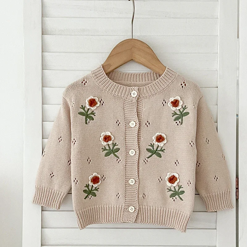 2024 New Autumn Infant Baby Girls Knitting Cardigan Long Sleeved Knitted Flower Embroidery Newborn Baby Girls Sweater Coat