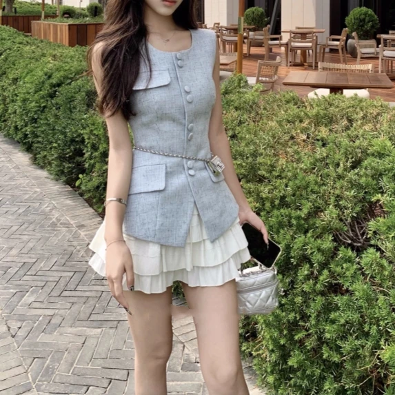 Wuuuuss Nanzhu Sleeveless Waist-Cinching Vest Women's Summer Outerwear Fashionable Commute Style round Neck Top