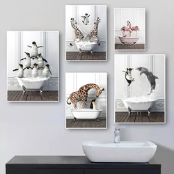 Funny Animals Penguin Dolphin Sloth Giraffe Playing In Bathtub Poster Print Canvas Painting Nordic Wall Art Bathroom Home Decor