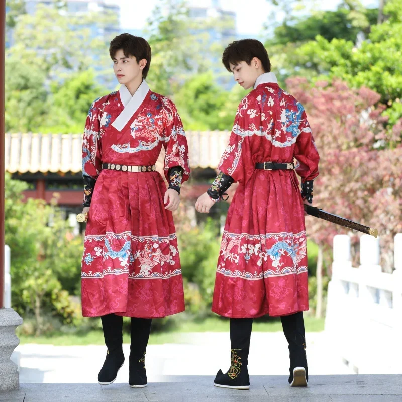 

Chinese Traditional Ming Qing Dynasty Men Hanfu Dress Dragon Print Tang Suit Hanbok Korean Robe Prince Swordsman Cosplay Costume