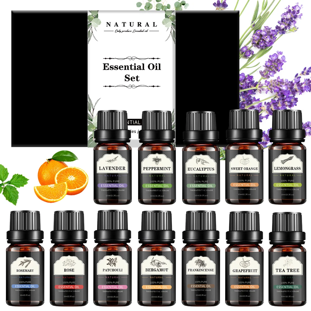 Aromatherapy essential oil gift set with 12 scents for humidifiers, leaving a lasting fragrance