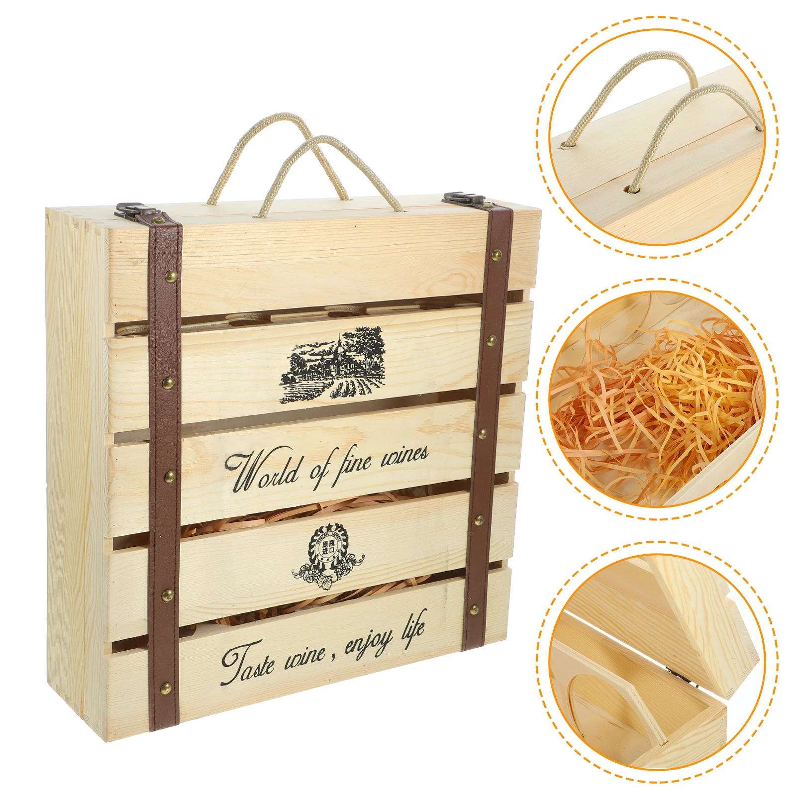 

Wooden Wine for 4 Bottles Hollow Design Easy Carry Vintage Bottle Box Home Office Decor Gift Packaging Christmas New Year Party
