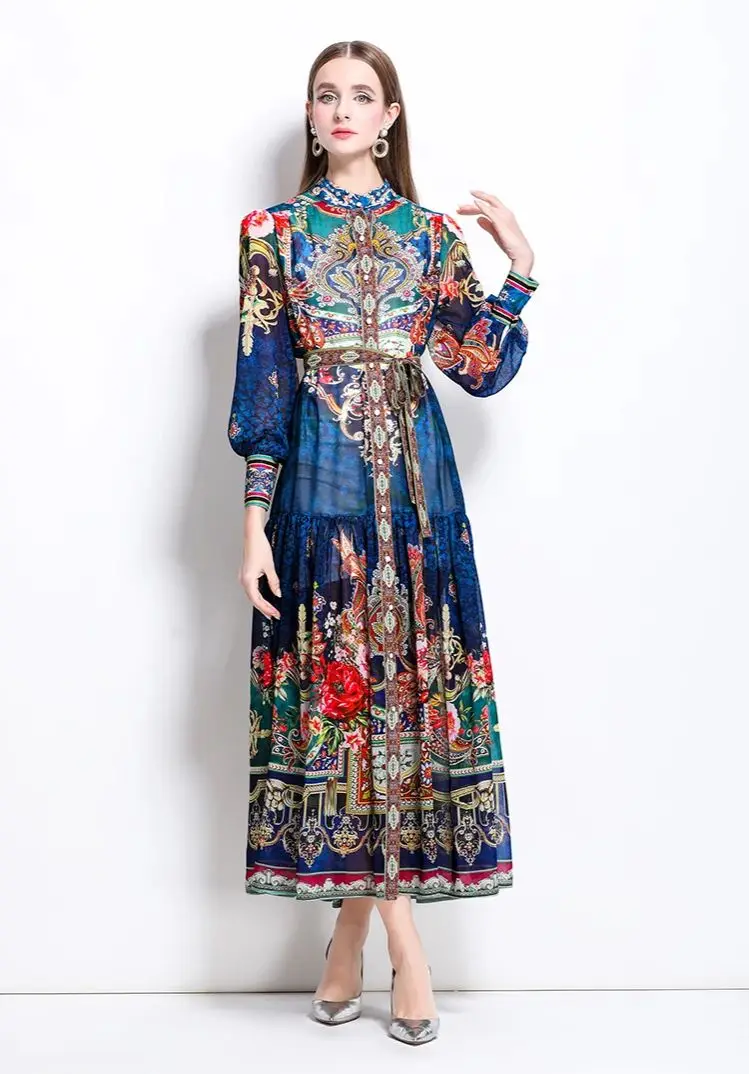 ZAROY Luxury Party A-line Chiffon Dress Vintage Baroque Print Elegant Lantern Sleeve Long Dress Fashion Boho Belt Beach Vestidos
