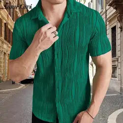 2024 Summer Streetwear Casual Shirts Men Loose Short Sleeve Button Knitting Shirt Vintage Mens Clothes Solid Color Texture Shirt