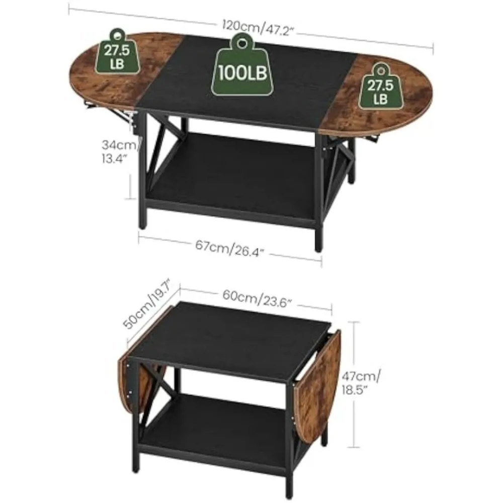 47.2" Folding Coffee Table, 2-Tier Extendable Coffee Table, Rustic Brown and Black TKF02BF