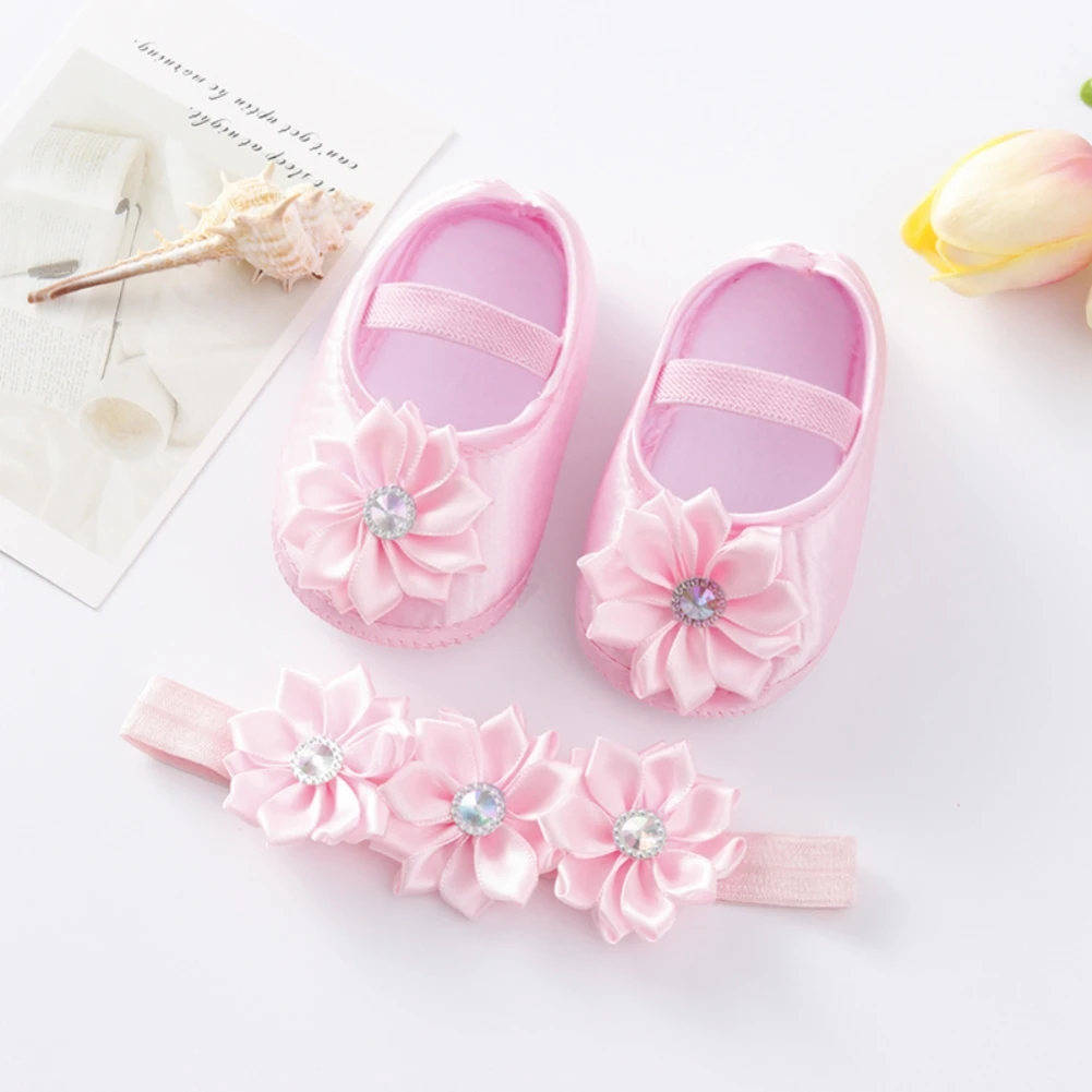 Baby Girls Cotton Shoes Spring Toddler Cute Pearl Flower Princess Shoes First Walkers With Headband Infant Soft Bottom Prewalker