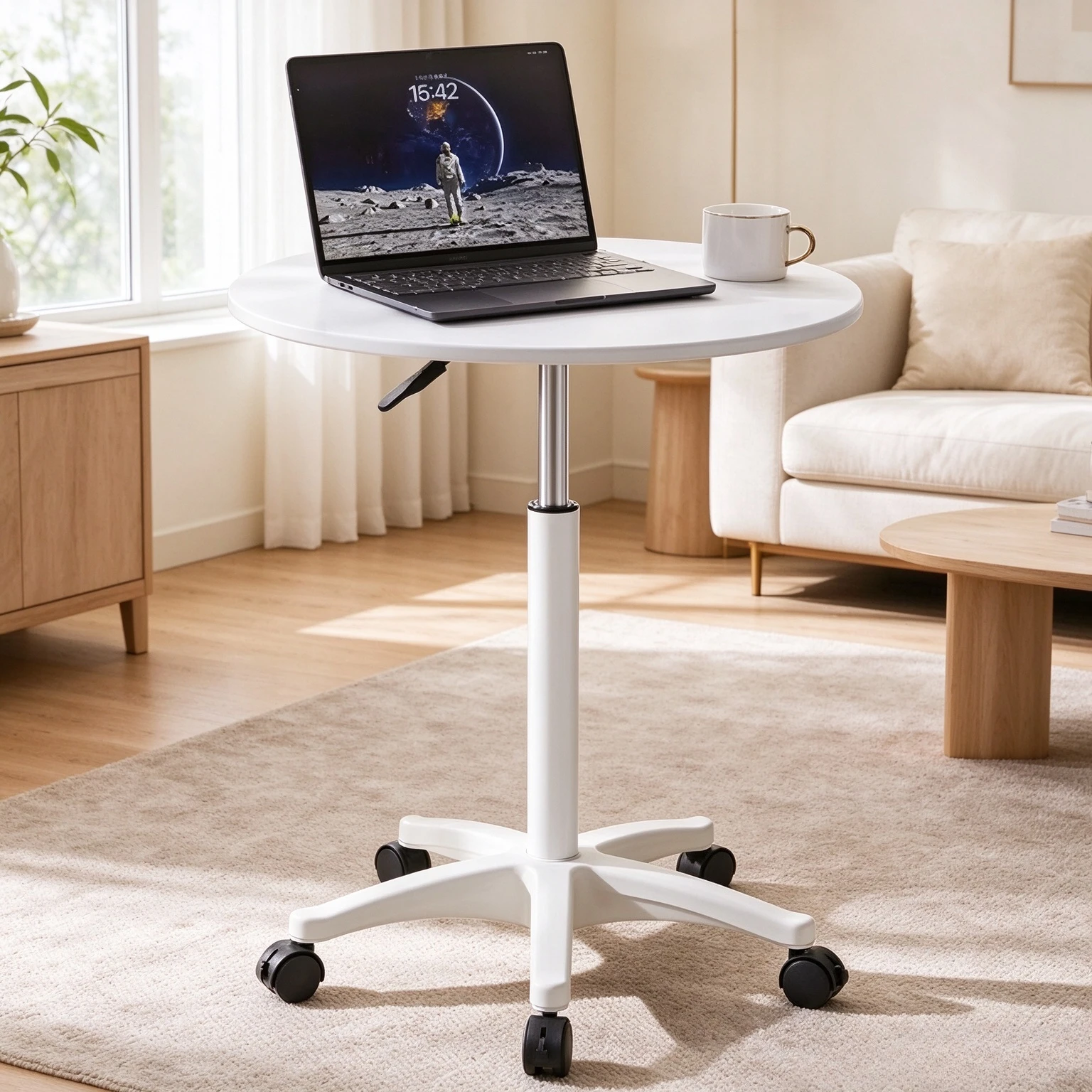 Scandinavian Height Adjustable Round Rolling Table, Mobile Coffee Dining and Computer Desk for Balcony, Bedroom and Living Room