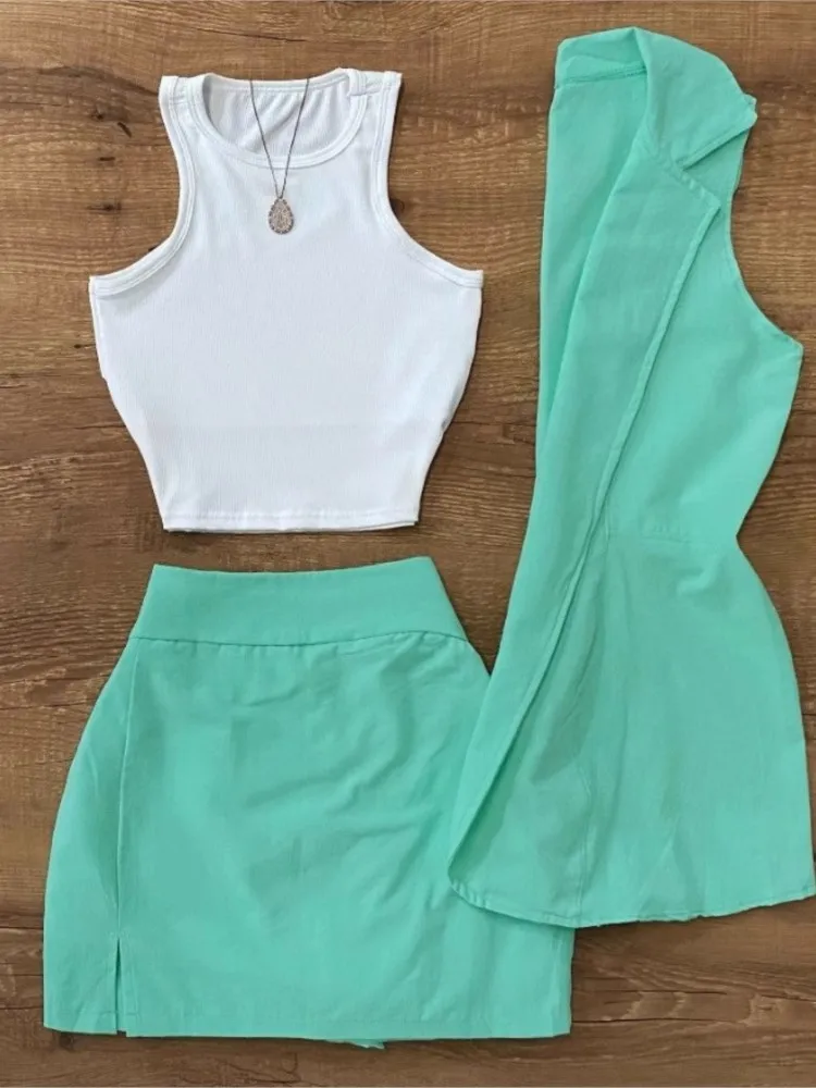 

Elegant Office Solid Sets Outfits Female Fashion White Vest And Suit Vest Coat+Mini Skirt 3 Pieces Set For Woman Summer New 2025
