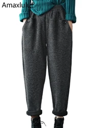 Amax luluE Womens 2024 Winter Solid Vintage Padded Harem Pants European Style Fur Elastic Design Elegant Casual Knitted Trousers