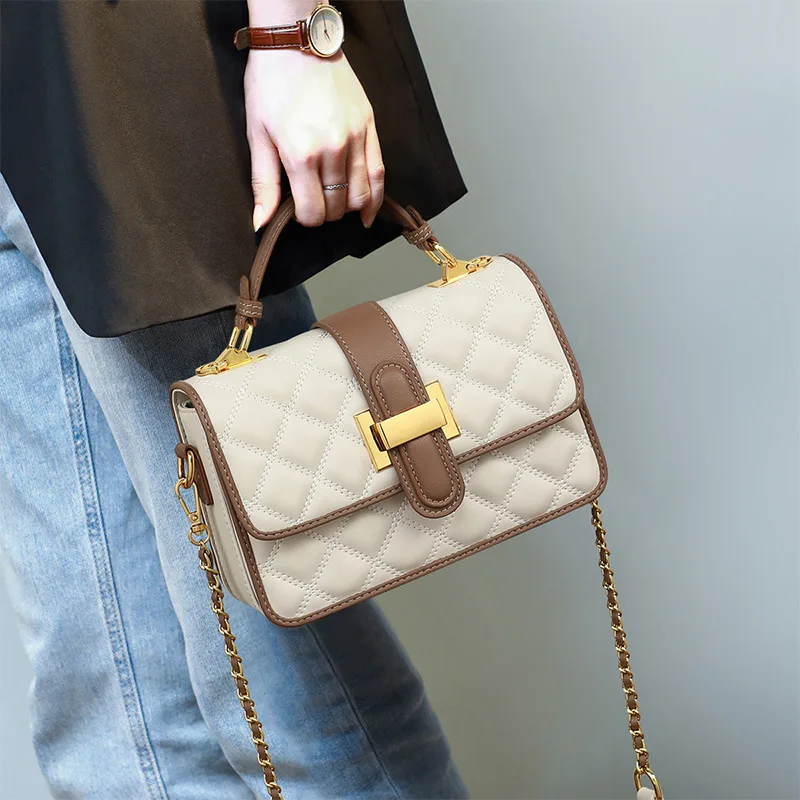 

Beige Color Top-handle Quality Leather Handbag For Women Chain Design Diamond Lattice Vintage Female Shoulder Shopping Purse Bag