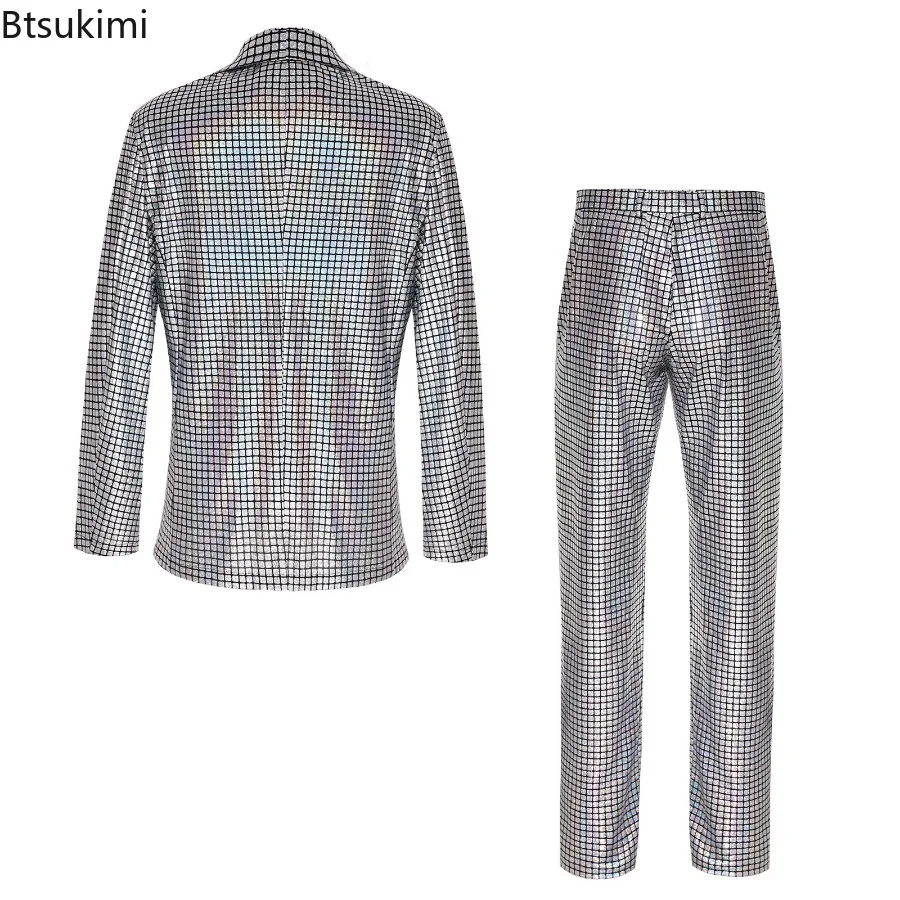 2024Men\'s Stage Prom Suits Sets Gold Silver Rainbow Plaid Sequin Pants Sets Men Festival Christmas Dance Party Costume Homme 4XL